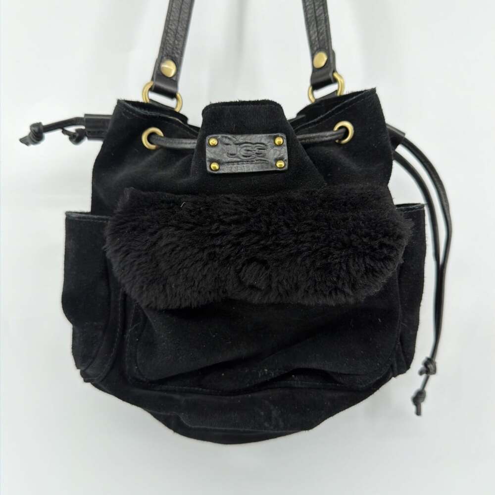 UGG Australia Suede Leather Shearling Sherpa Bucket Bag Black Gold Tone Details